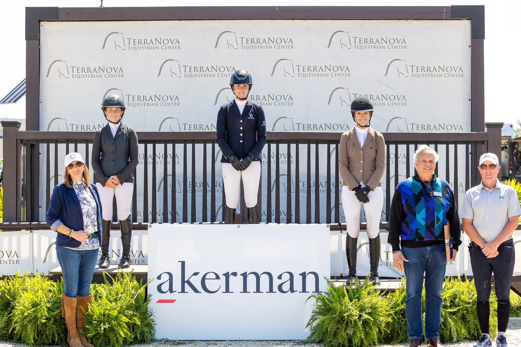 Podium celebration at the Akerman LLP $65,500 1.45m FEI CSI2 Grand Prix at TerraNova