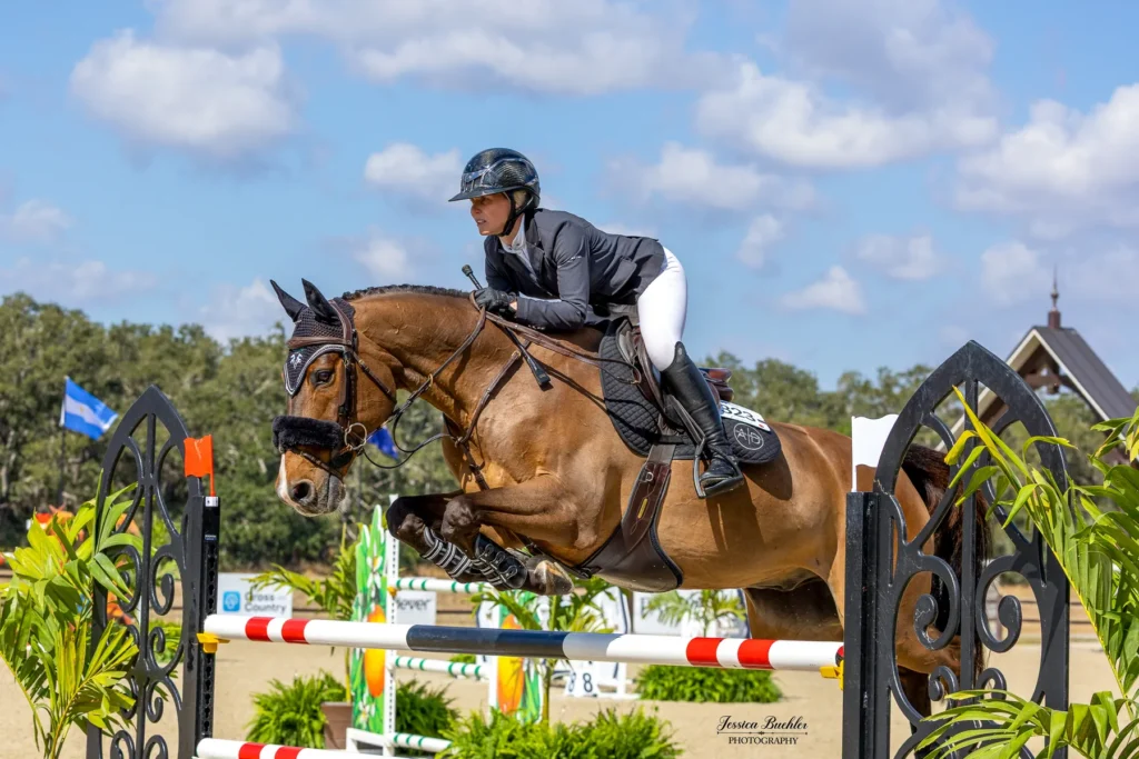 Amanda Derbyshire riding Cornwall BH to victory in the $65,000 Equestrian Services International FEI 1.45m Grand Prix at TerraNova