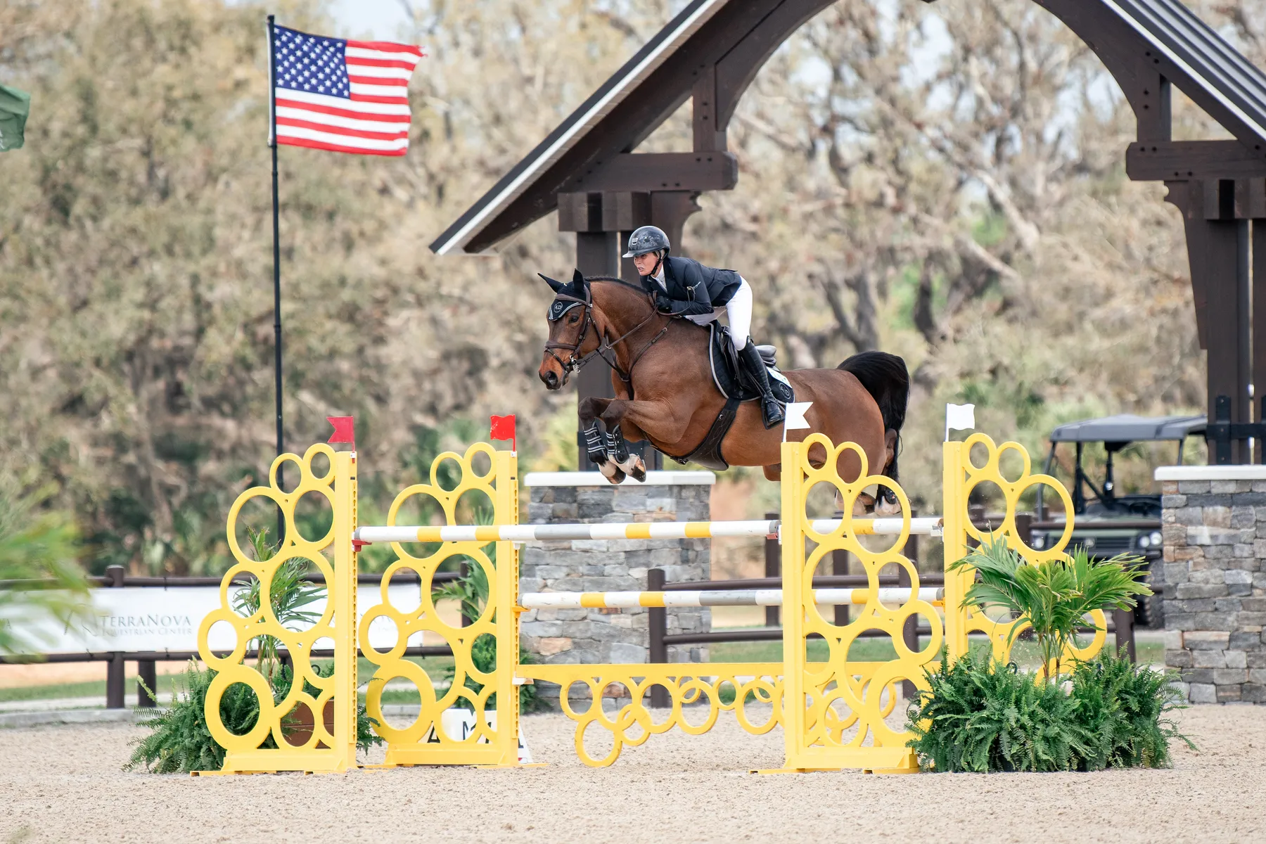 Amanda Derbyshire riding Destine To Be to third in the Galati Yacht Sales FEI 1.45m Grand Prix at TerraNova