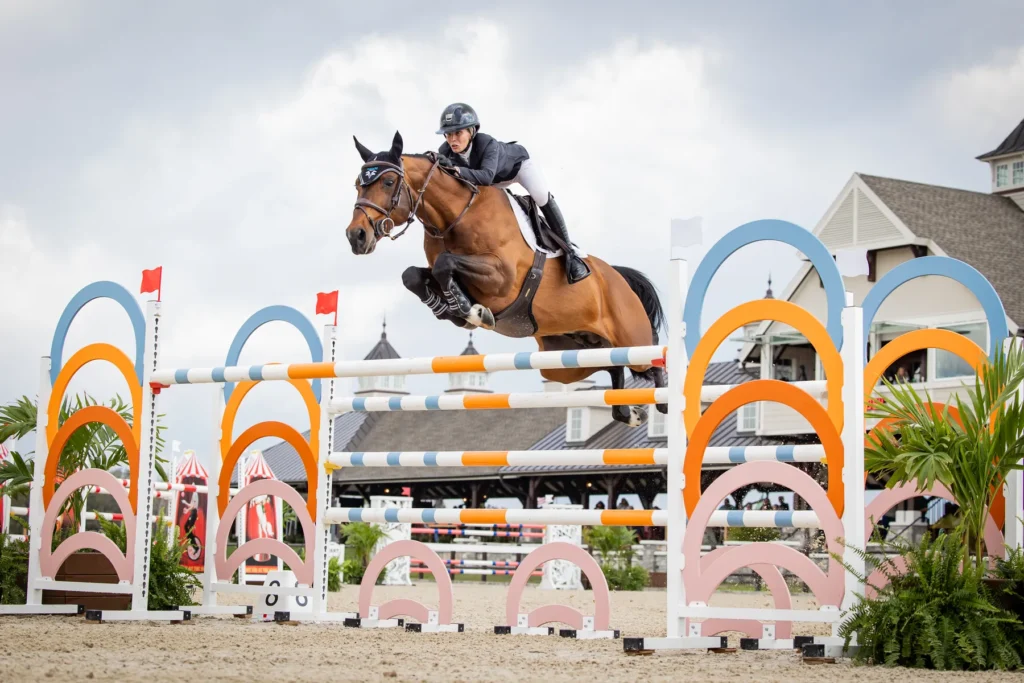 Amanda Derbyshire riding Otto BH to win the $65,000 Galati Yacht Sales FEI 1.45m Grand Prix at TerraNova