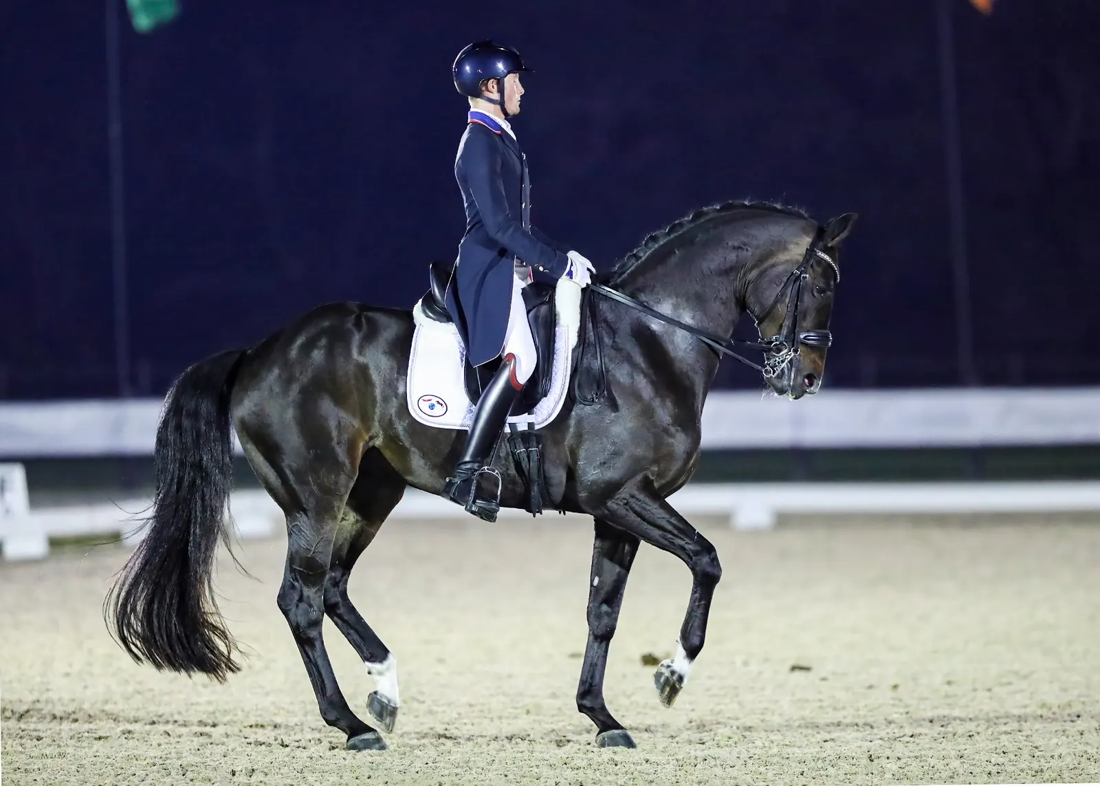 Ben Ebeling in a tailcoat riding a dark horse in a dressage test under the lights at TerraNova Equestrian Center. Photo by Sue Stickle.