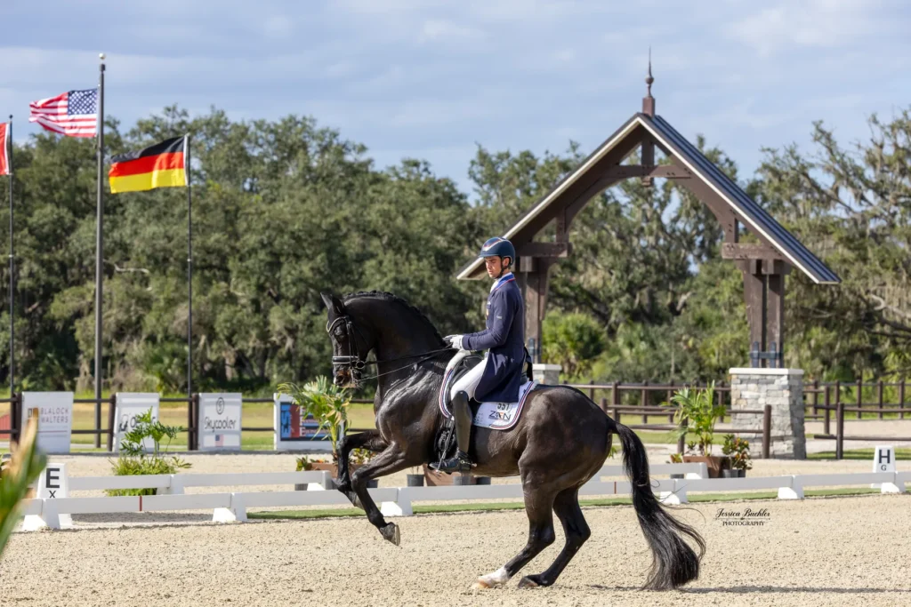 Christian Simonson riding Indian Rock in the CDI-W FEI Grand Prix at TerraNova Equestrian Center