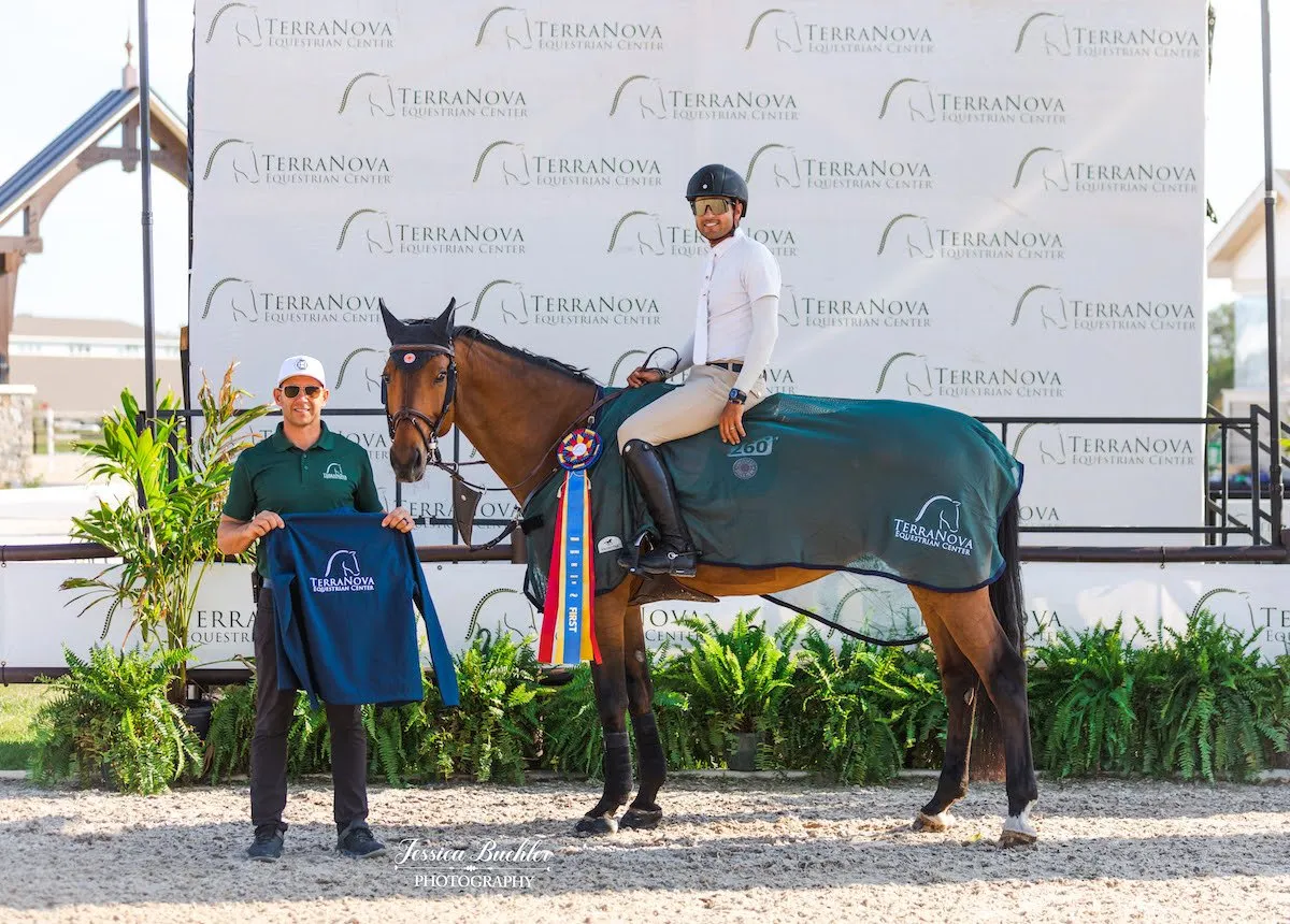 Daniel Bluman riding his second horse Colestina H for the victory gallop at TerraNova