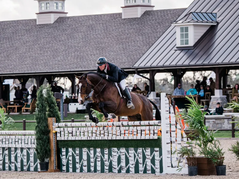 David Jennings riding Jordantinus taking a high option in the $25,000 USHJA International Hunter Derby at TerraNova