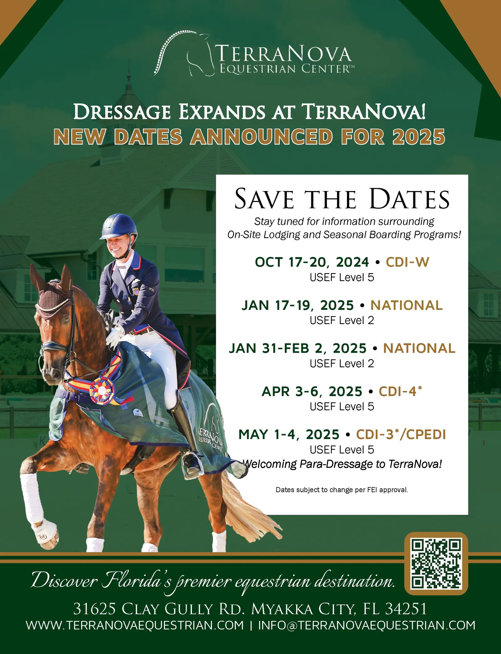 Dressage Expands at TerraNova save-the-dates flyer listing show dates: October 17-20, 2024 CDI-W; January 17-19, 2025 National; January 31-February 2, 2025 National; April 3-6, 2025 CDI-4*; May 1-4, 2025 CDI-3*/CPEDI