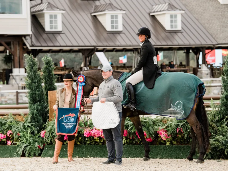 Jennifer Alfano and Next winning the $25,000 USHJA International Hunter Derby at TerraNova