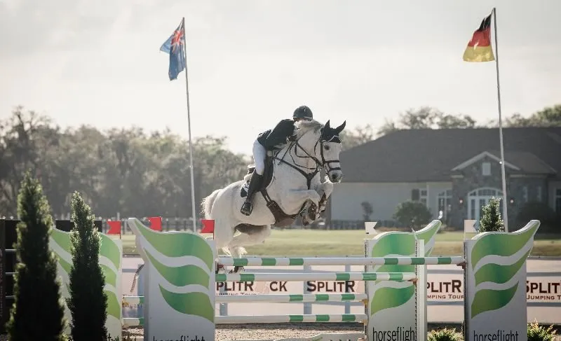 Jessica Mendoza riding Dublin to win the $37,000 1.45m Welcome CSI2* at Split Rock Sarasota International