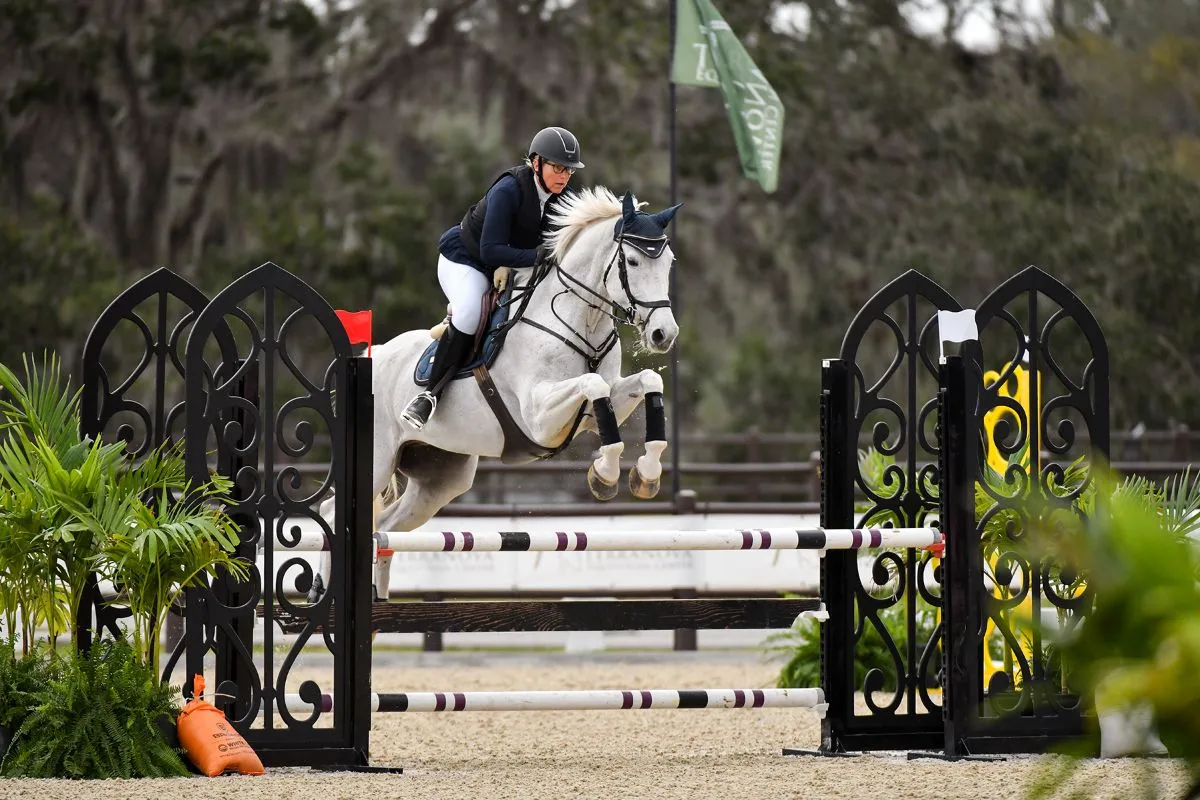 Olga Zarlenga riding Barana van het Wimpelhof to win the $2,500 1.10m Child/Adult Classic at the Sarasota Winter Classic at TerraNova