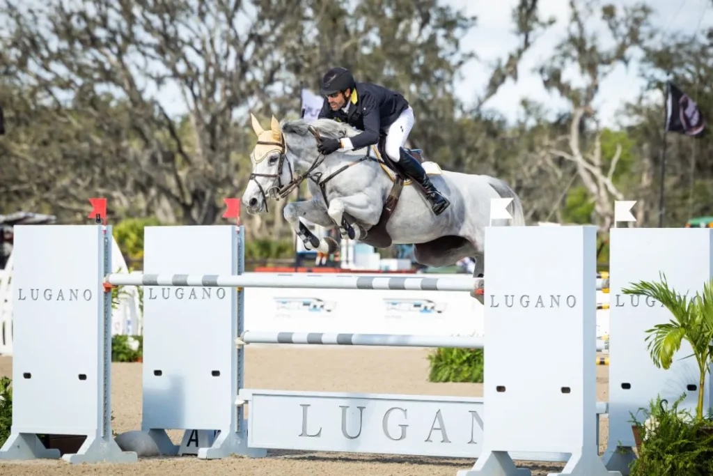 Rowan Willis riding Wellington Grey Goose to win the $100,000 Lugano Diamonds 1.45m FEI Grand Prix CSI2* at TerraNova