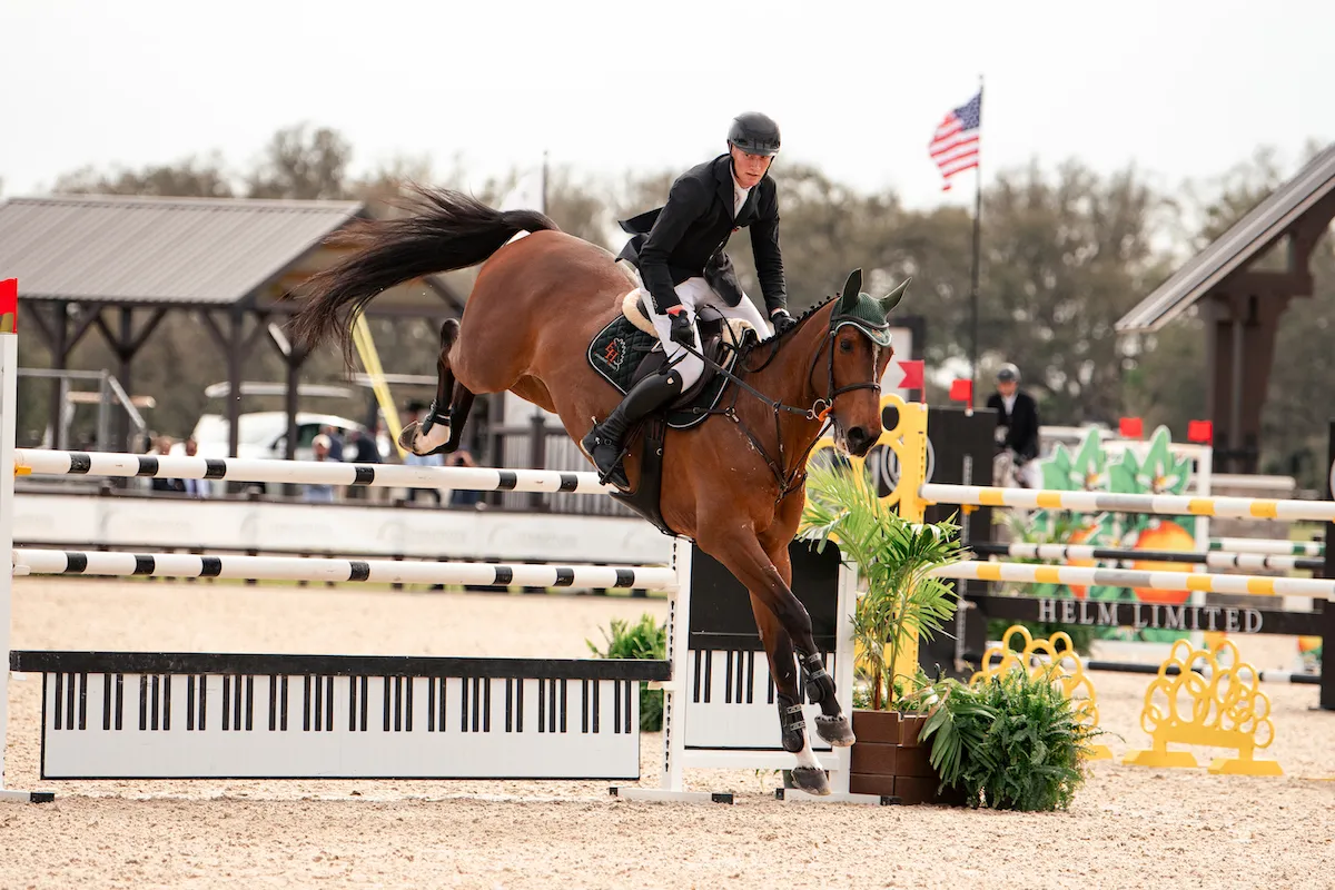 Rupert Winkelmann riding Duverie to second in the $32,000 The Estates at TerraNova FEI 1.45m Welcome Speed
