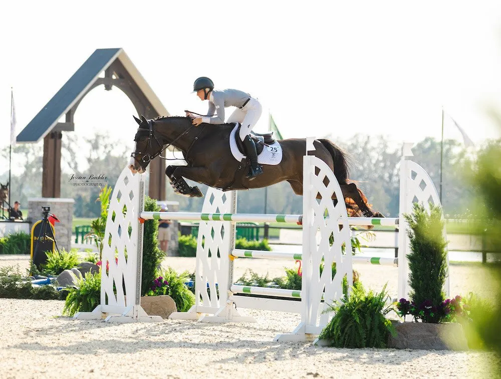 Sarah Hubbard riding Latino Van De Looise Heide in the FEI 1.40m Welcome Speed at TerraNova