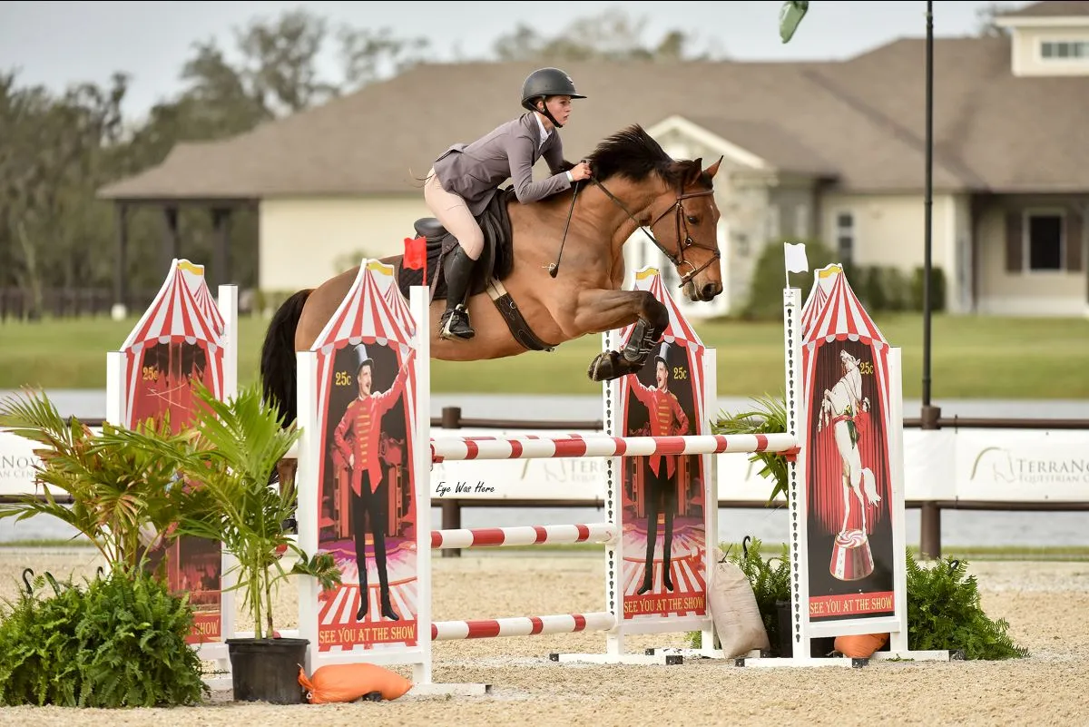 Sunshine Buchanan riding Don't Stop to win the $3,500 Michael Saunders & Company 1.15m Classic at TerraNova