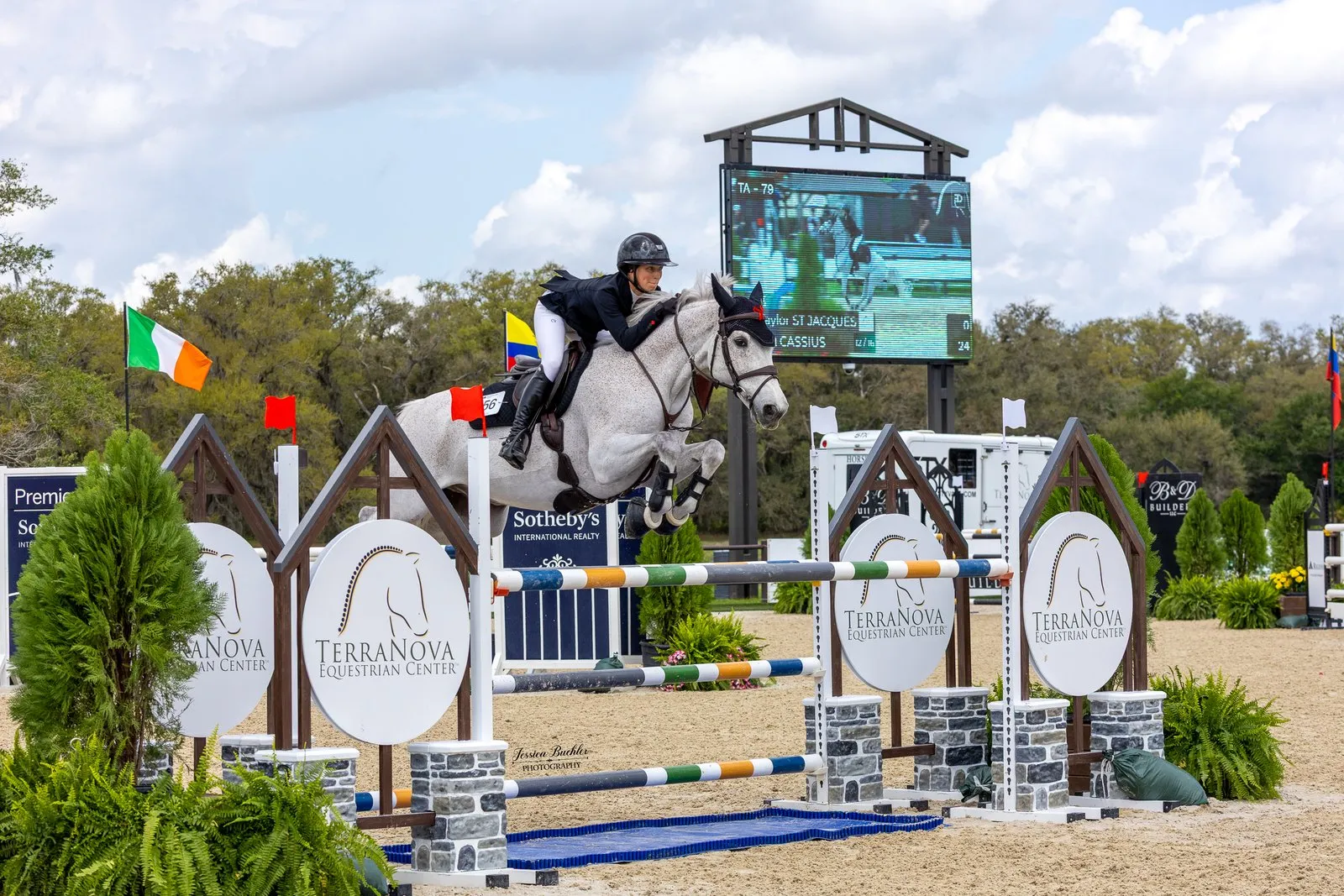 Taylor St. Jacques riding Gama Cassius over a jump to win the $20,000 Arion Sellier 1.35m TerraNova Prix