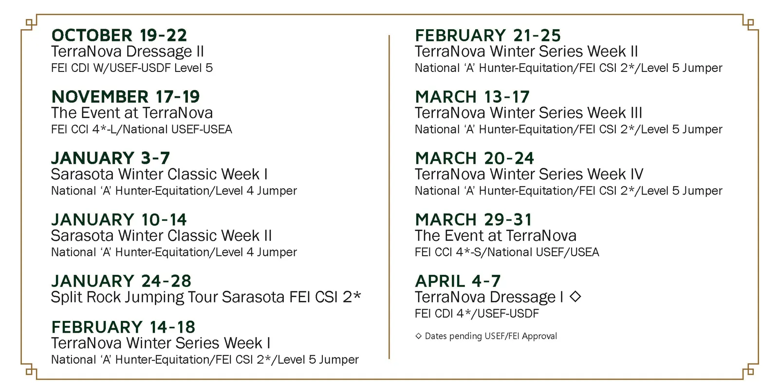TerraNova Equestrian Center 2023-2024 season calendar listing dressage, eventing, and hunter/jumper competition dates from October through April.
