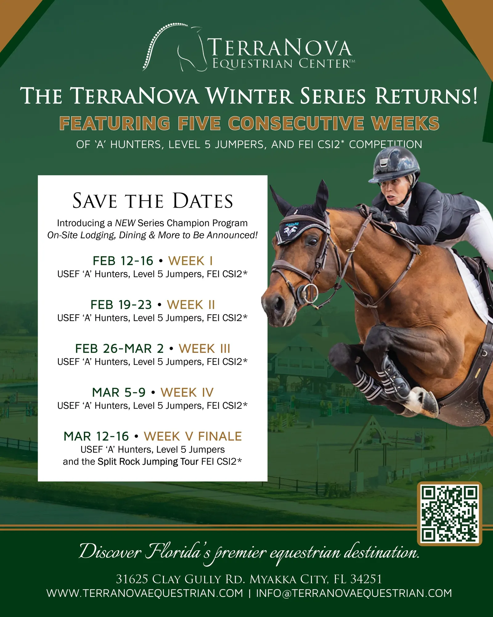 TerraNova Winter Series 2025 save-the-dates flyer listing five consecutive weeks: February 12-16, February 19-23, February 26-March 2, March 5-9, and March 12-16 Week V Finale with the Split Rock Jumping Tour FEI CSI2*
