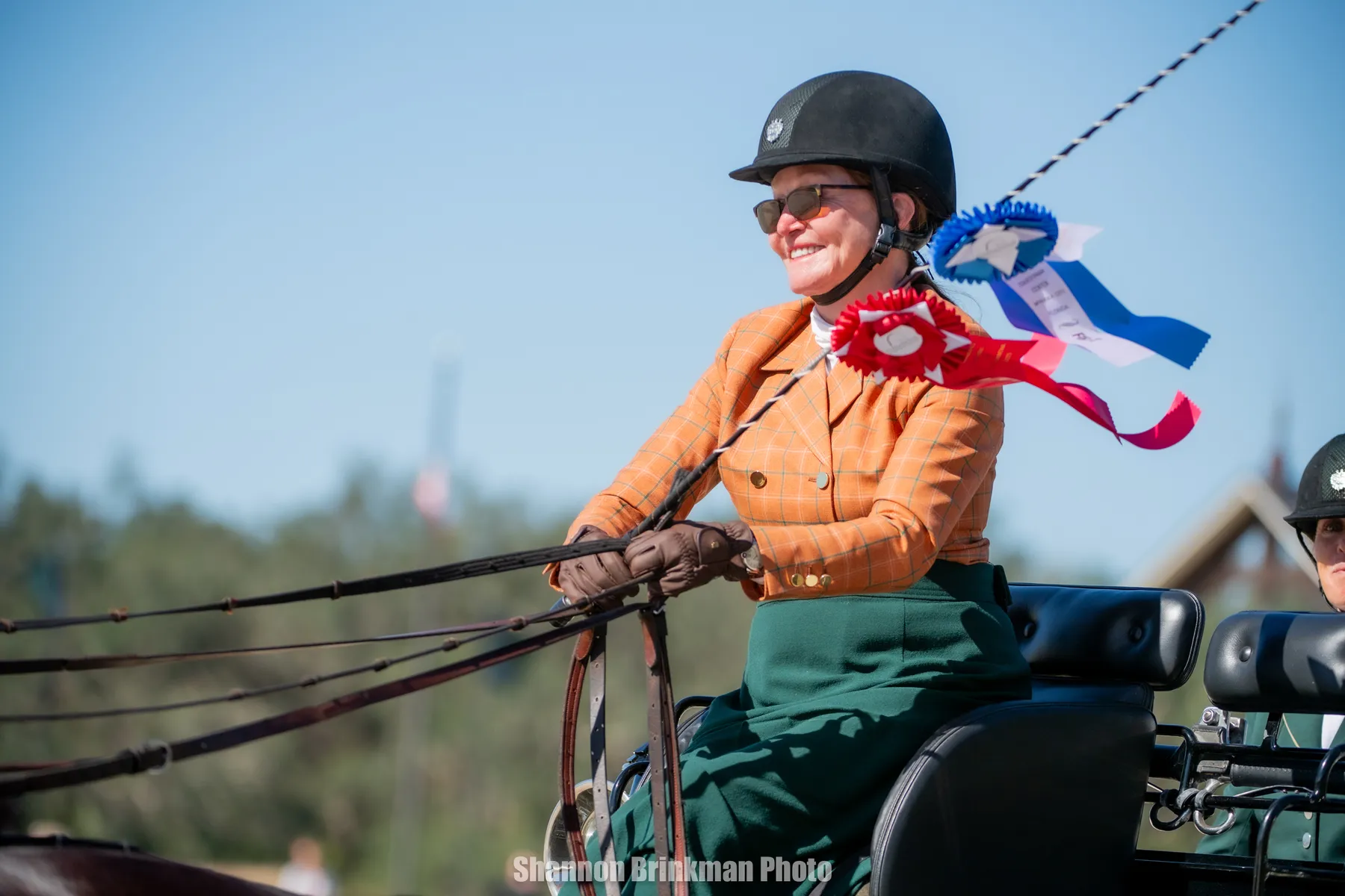 A combined driving competitor smiling with blue and red championship ribbons at the inaugural TerraNova CDE