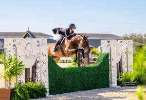 Hunter and rider jumping a brush fence between TerraNova-branded standards