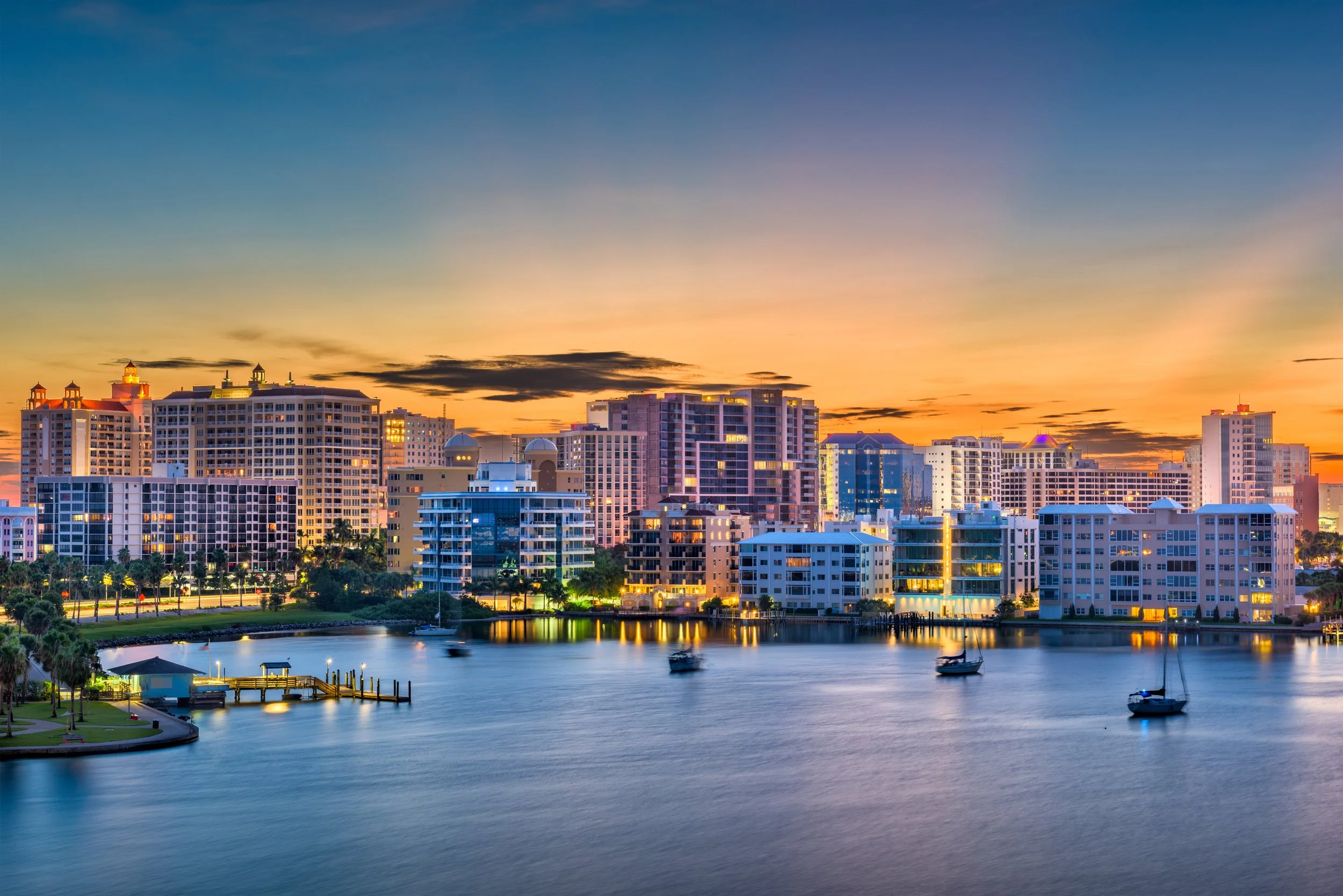 Sarasota bayfront skyline at dusk on Florida's Gulf Coast
