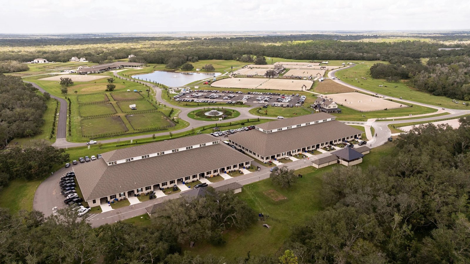 Aerial view of the permanent show barns and showgrounds at TerraNova Equestrian Center