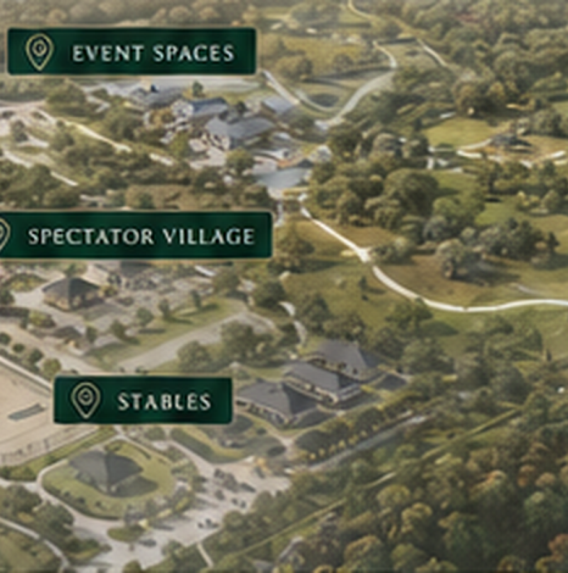 Aerial map of TerraNova with arenas, stables, spectator village, event spaces, dining, and estates